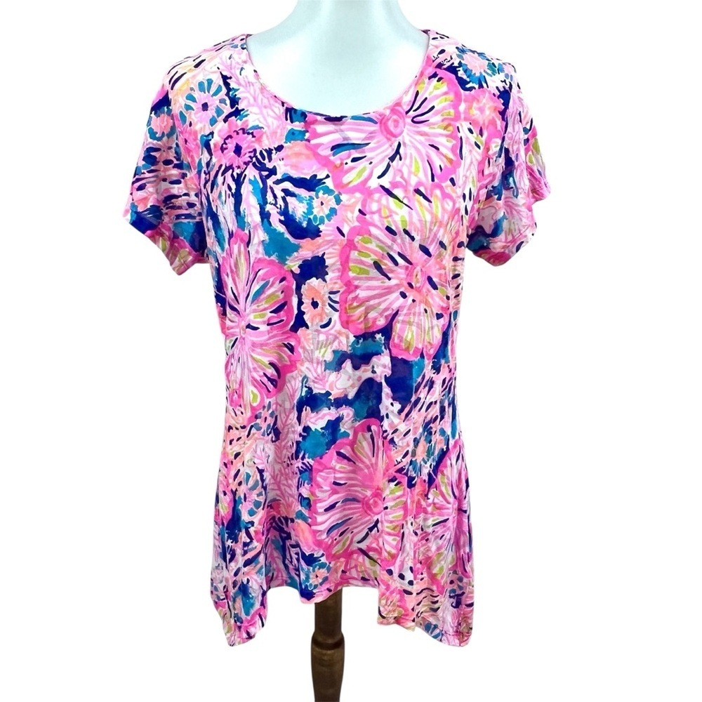 Lulu B Tropical Neon Abstract Floral Shark Bite Hem Short Sleeve Tee T-Shirt